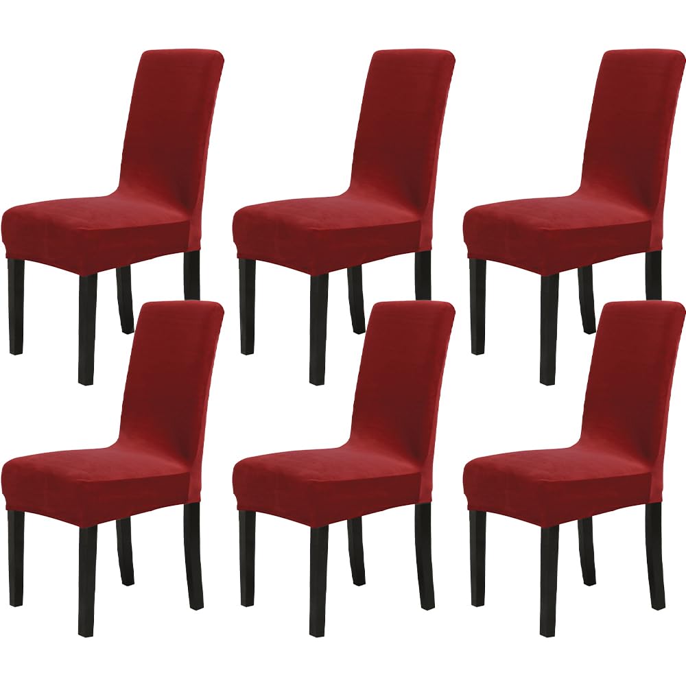 Chickwin Lot de 6 housses de chaise pour chaise de salle à manger à dossier haut universelles en velours extensible de couleur unie pour salle de fête en élasthanne, amovibles et lavables (vin rouge)