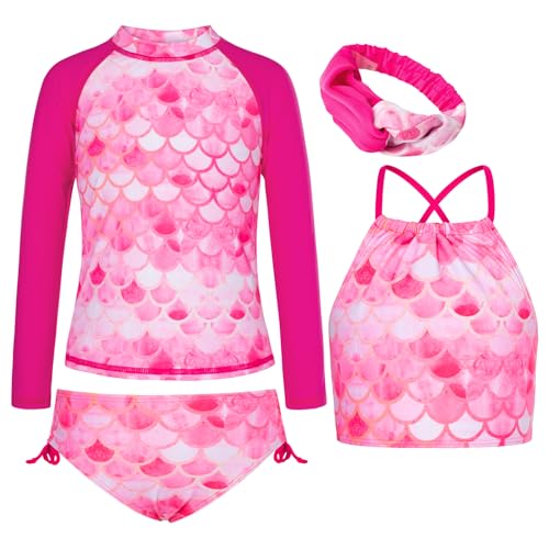 Image of GRACE KARIN Girls Swimsuit Tankini Set Rash Guard Long Sleeve Swimsuit 4 Piece Bathing Suit Swimwear 5-14Y