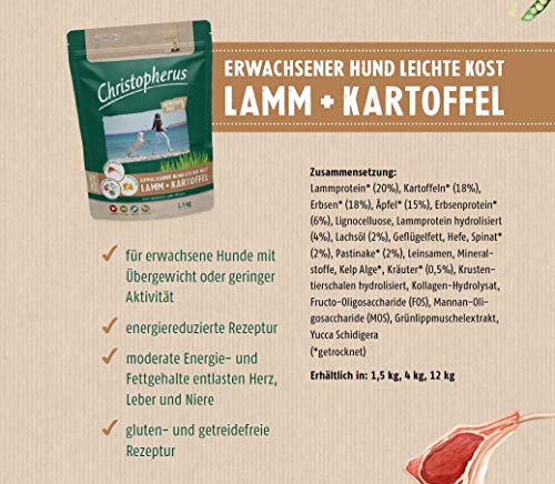 Christopherus Light Grainfree, Vollnahrung für ausgewachsene Hunde mit Übergewicht oder geringer Aktivität, Trockenfutter, Lamm + Kartoffel, Krokettengröße ca. 1 cm, Ausgewachsener Hund, 12 kg