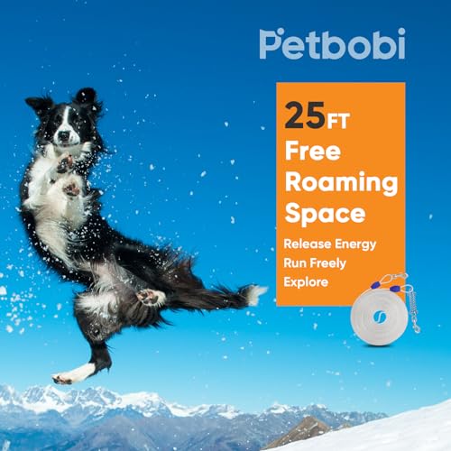 Petbobi 25ft Dog Tie Out Cable Up to 90lbs - Outdoor Leash for Medium Large Dogs, 4mm Diameter Cable, Shock Absorbing Spring, 360° Swivel Clips - Give Your Dog The Freedom to Roam, Reflective Silver