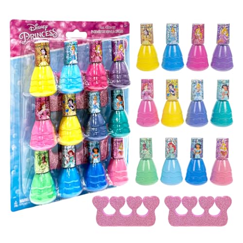 Princesses Disney coffret de 12 vernis et accessoires à ongles pour enfants, à base d'eau, décollables et à séchage rapide et, idéal pour les fêtes et...