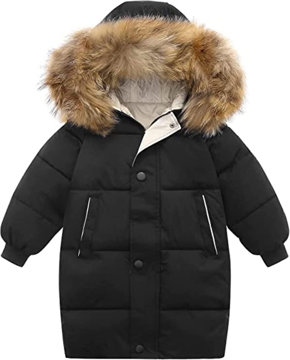 Little Boys Girls Winter Warm Long Puffer Down Fur Hooded Coat Zip Up Jacket Windproof Snowsuit Coat Outerwear