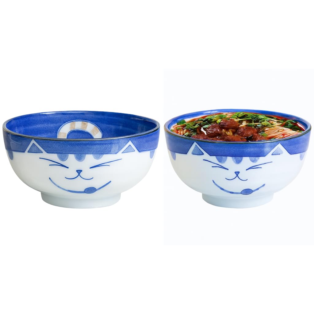 JapanBargain, Bol japonais en porcelaine - Bol à riz - Bol à soupe - Fabriqué au Japon - Motif chat souriant Maneki Neko (2, 15,9 cm)