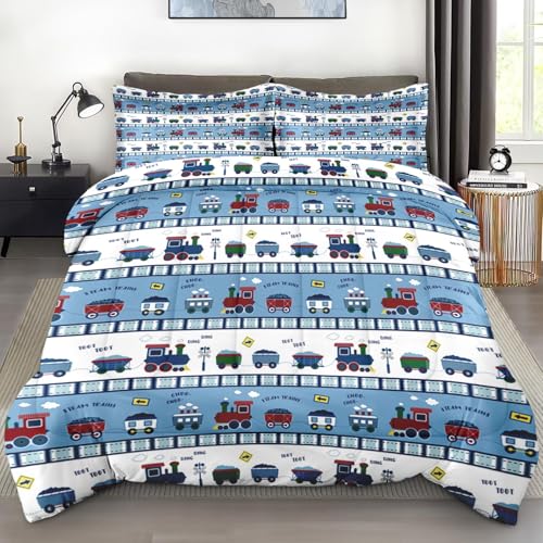 Pamnest Comforter Set Full Size, Cute Cartoon Train Car Soft 3 Pcs Bedding for Kids and Adults, Blue Rail Roads Tracks Comforter Set with 2 Pillowcases for Bedroom Bed Decor