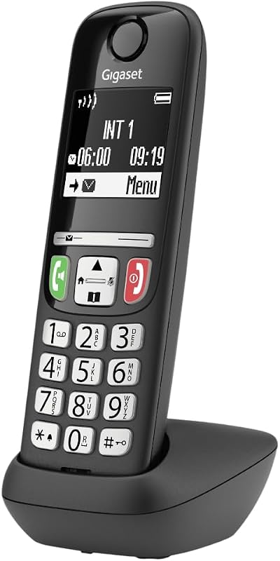 Gigaset E275 - Teléfono DECT Inalámbrico - Teclado Fácil de Usar - Compatible con audífonos - Teclado y Botones Grandes - Pantalla Gráfica en Blanco y Negro Iluminada, Negro [Versión Española]