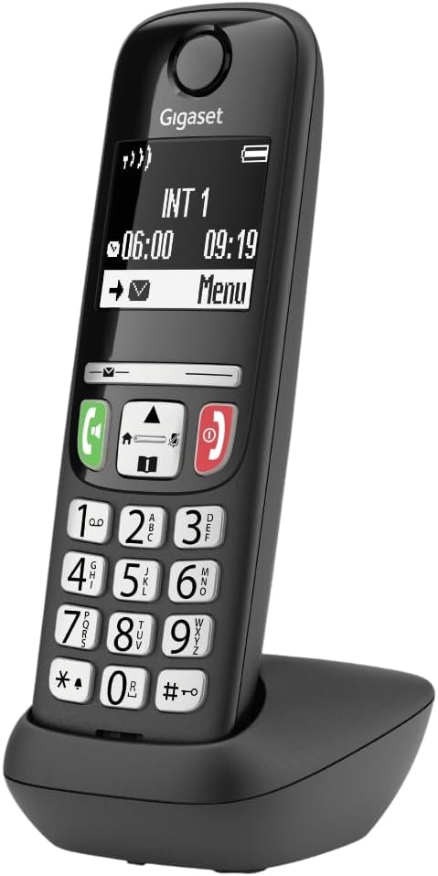 Gigaset E275 - Teléfono DECT Inalámbrico - Teclado Fácil de Usar - Compatible con audífonos - Teclado y Botones Grandes - Pantalla Gráfica en Blanco y Negro Iluminada, Negro [Versión Española]
