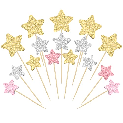 Gyufise 42Pcs Star Cupcake Toppers Gold Silver Pink Glitter Assembled Twinkle Star Cupcake Picks Wedding Engagement Bridal Shower Birthday Party Cake Decorations Supplies Mixed Size