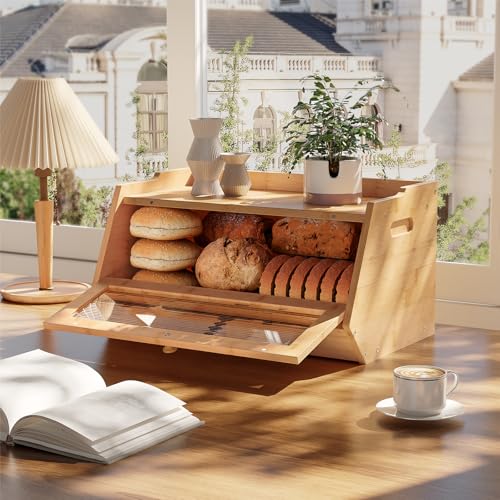 HOOBRO Bread Box, Bamboo Bread Box for Kitchen Countertop, Farmhouse Bread Storage Box with Acrylic Window, Bread Holder with Drop-Down Door, for Food Storage, Natural EYL30MB01 - Cosy Home Interiors HOOBRO Bread Box, Bamboo Bread Box for Kitchen Countertop, Farmhouse Bread Storage Box with Acrylic Window, Bread Holder with Drop-Down Door, for Food Storage, Natural EYL30MB01 - Image 2