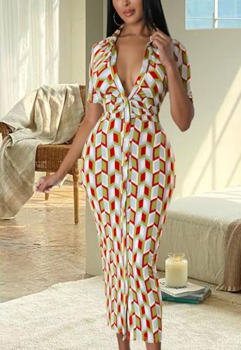 Image of ZERMOM Women's Button Down Shirt Dress Short Sleeve Print Collar V Neck Summer Bodycon Midi Dresses