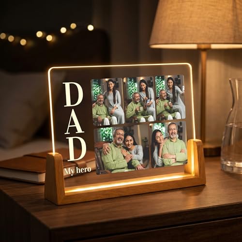 Image of Giftplease Personalized Dad My Hero Acrylic LED Photo Frame with Wooden Base | Customized Multi-Photo Light Lamp for Father's Day, Birthday, Anniversary | Warm Glow Night Light