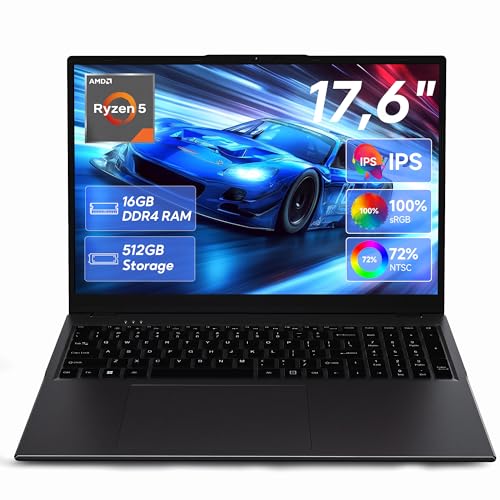 jumper 2026 Gaming Laptop 17,6 Zoll IPS 1920X1200, 16GB DDR4 RAM 512GB SSD, AMD Ryzen5 3500U(bis zu 3,7GHz), Leuchtende Tastatur, Leichte Business und Studenten Notebook, USB/HDMI/Typ-C/WiFi6