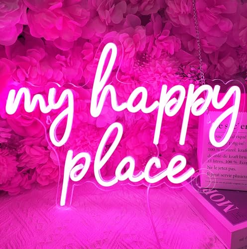SYLHOME Pink My Happy Place LED Neon Light Sign USB Girls Babys Bedroom Living Room Kitchen Wall Decor Sign Wedding Birthday Party Sign Christmas Gifts 15.8
