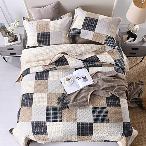 Image of PANGUSHAN Quilts Set King Size,100% Cotton Quilt,Patchwork Plaid King Quilt Bedding Set Bedspreads,Farmhouse Rustic Lightweight Comforter for King Bed,Cream /Brown /Blue-Black /Off-White Bed Spread