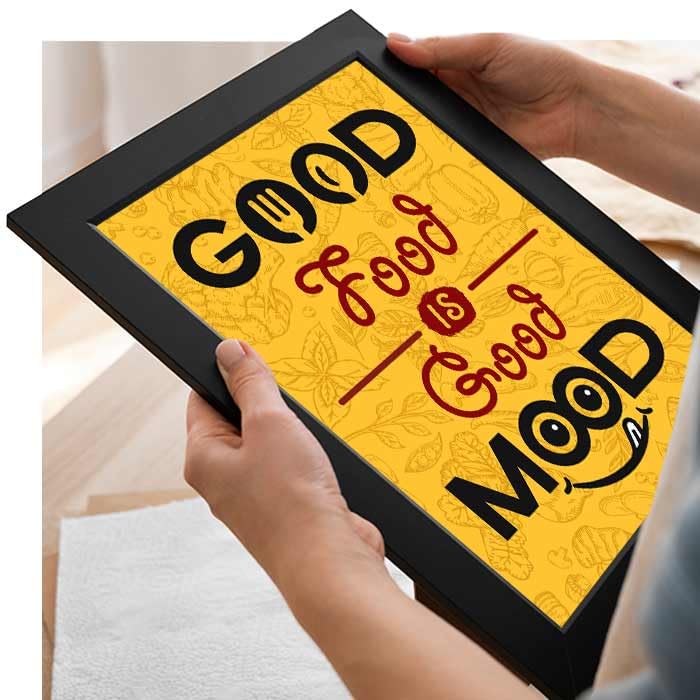 Image of Chaka Chaundh - Kitchen Posters for Wall - Food posters framed - Kitchen quotess wall frames - Posters for kitche quotes decor - Kitchens quotess wall hanging (Good Food is Good Mood - Yellow)