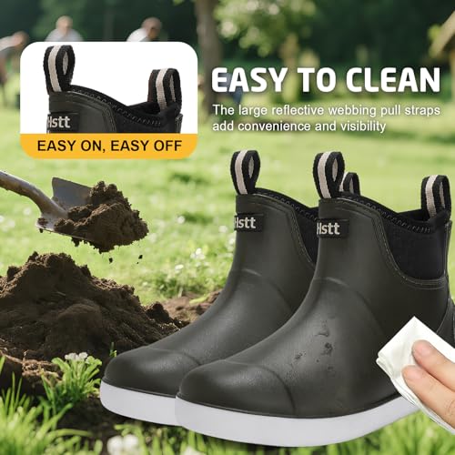 Image of Men's Deck Boots Waterproof Fishing Rain Boots, Anti-Slip Rubber Boots Ankle Booties, High-Performance Footwear Chelsea Boots for Gardening Boating Camping Sailing