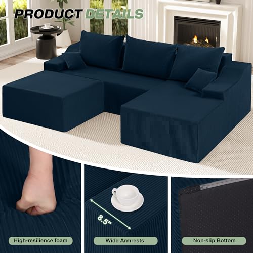 Image of HABUTWAY U Shaped Modular Sectional Couch for Living Room, Modular Cloud Sofa with Ottoman, No Assembly Boneless Couches with Deep Seat, Corduroy Fabric (Blue, Right Facing)