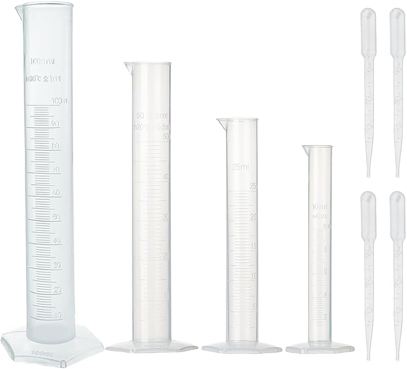 GSHLLO 4 Pcs Tall Plastic Measuring Cylinders Graduated Lab Test Tubes Small Graduated Cylinders Thin Lab Measuring Cylinders with 4pcs Plastic Droppers