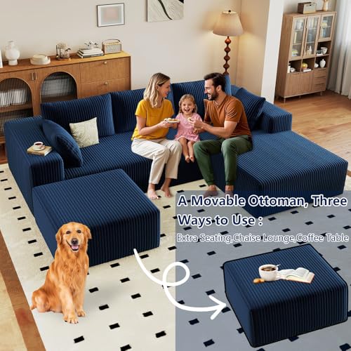 Image of 96 inch Modular Sectional Sofa with Ottoman, Modern Corduroy Cloud Couch with Deep Seat, Boneless Couch Upholstered 3-Seater U-Shaped Sofa for Living Room, No Assembly (Blue, Right-Facing Chaise)