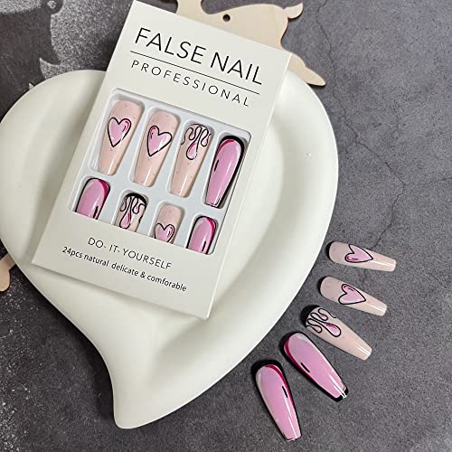 Pink Heart Press On Nails Long Coffin False Nails With Designs Full Cover Stick On Nails Comic 2D Valentines Day Glue On Nails Matte Acrylic Artificial Nails Diy Fake Nails For Women Girls #TOP4