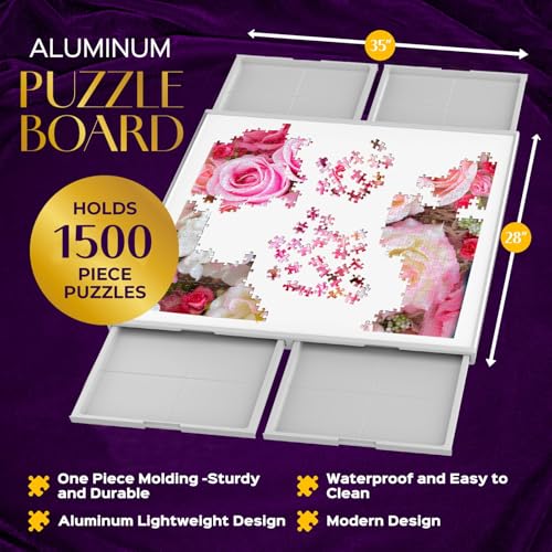 1500 Piece Jigsaw Puzzle Board - 360° Rotating Jigsaw Puzzle Table with Drawers | 35” X 28” Portable & Dual Sided Board | Plastic Cover Included - Puzzles Tables for Adults