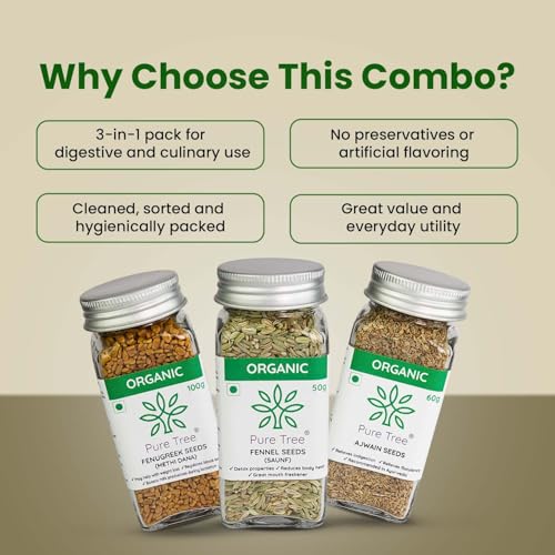 Image of Pure Tree Certified Organic Ajwain 60g, Methi Seeds 100g, Saunf 50g | Glass Jar | Carom, Fenugreek & Fennel | Whole Seeds Vaamu, Methi dana, Variyali Spice Combo Pack
