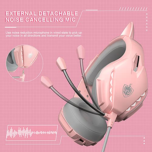 Phoinikas Kitty Stereo Gaming Headset For Ps4, Pc, Ps5, Nintendo Switch, Xbox One Game Component With Removable Mic, Q10 Wireless Bluetooth Cats Ear Headphones For Phone/Laptop/Tablet, 40H Use (Pink) #TOP4
