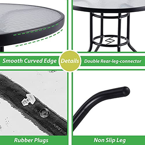JINLLY Outdoor Patio Dining Table, 32In Outside Round Bistro Glass Tables with Tempered Glass Top and Umbrella Hole, Wrought Iron Frame Patio Table for Patio Backyard Garden Balcony