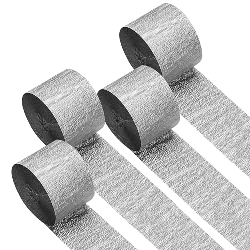Image of 4 Silver Crepe Paper Streamers, 328ft Pack of Party Decorations | Each roll is 82 ft long and 1.8 Inch wide ideal for Birthday Party Decor, Wedding Decorations and Educational Ceremony