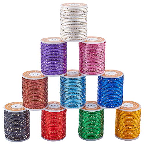 OLYCRAFT Cordón de Nailon Satinado de Cola de Rata de 40 m, Cordón de Anudado Chino de Poliéster de 1.5 mm con Cordón Metálico Dorado para Collar, Pulsera, Cordón de Abalorios, 10 Colores