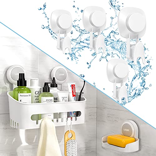 LUXEAR Shower Caddy Set: Suction Cup Shelf Basket with Soap Dish and 4 Replacement Hooks for Bathroom & Kitchen