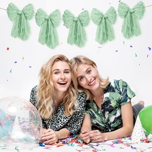 Image of Large Green Bow Garland Banners for Coquette Birthday Party Decorations-Bow Themed Birthday Decor for Baby Shower Bridal Shower Bachelorette Party Wedding Favors Supplies (Green)