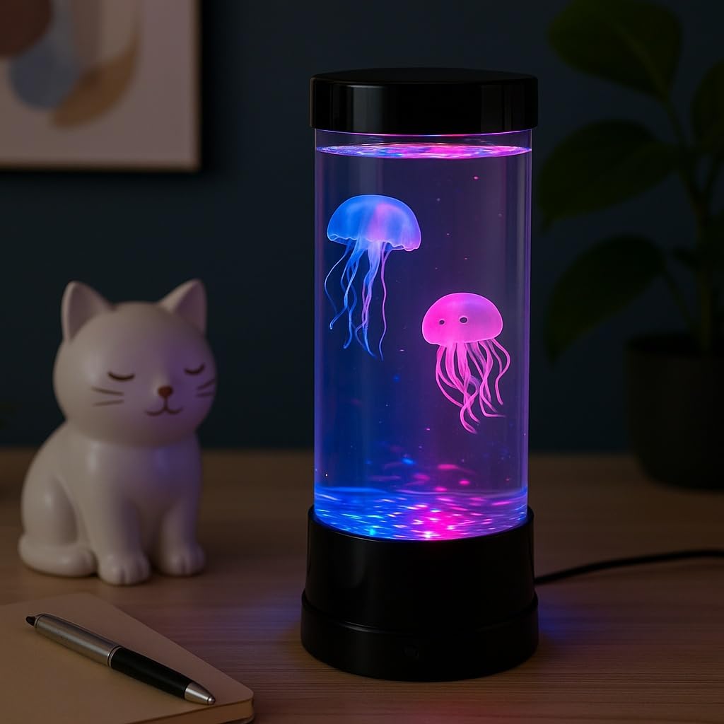 B&G International Lampe Aquarium Méduse LED – 2 Méduses Colorées, Changement Automatique, Double Alimentation,
