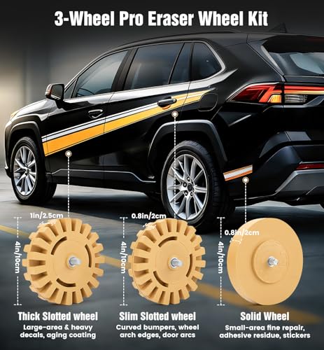 Image of Eraser Wheel Decal Remover Tool Kit - 2 Pack Slotted Rubber Wheels with Razor Blade Scrapers & Drill Adapters - Professional Adhesive Pinstripe Sticker Remover for Cars, Trucks, RVs