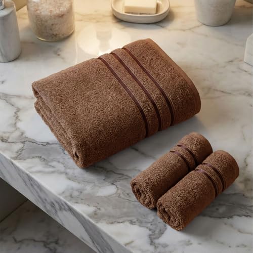 Image of MYTRIDENT Towel Set| Comfort Living | Quick Drying | Travel Friendly | for Men /Women | 3 PC Towel Set | 1 Bath (70 cm x 140 cm) 2 Hand (40 cm x 60 cm) | 100% Cotton 400 GSM - Coconut Shell