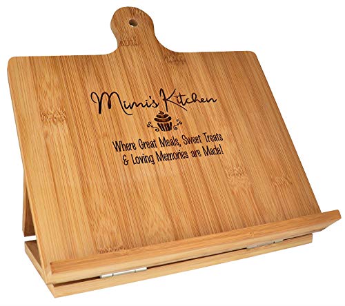 Mimi Gift Cookbook Stand Recipe Holder - Custom Engraved Bamboo Cutting Board Foldable Chef Easel Metal Hinge Kickstand iPad Tablet Compatible Christmas Birthday Mother Day Kitchen Decor (10.25x10.25)