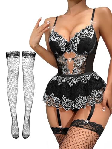 Image of Lilosy Sexy Lingerie Set 3 Piece Women Corset Bodysuit Skirt | Rhinestone Heart Stocking Garter Plus Size Underwire Mesh Sheer Lace Push Up Babydoll Halloween Christmas Valentine's Bridal
