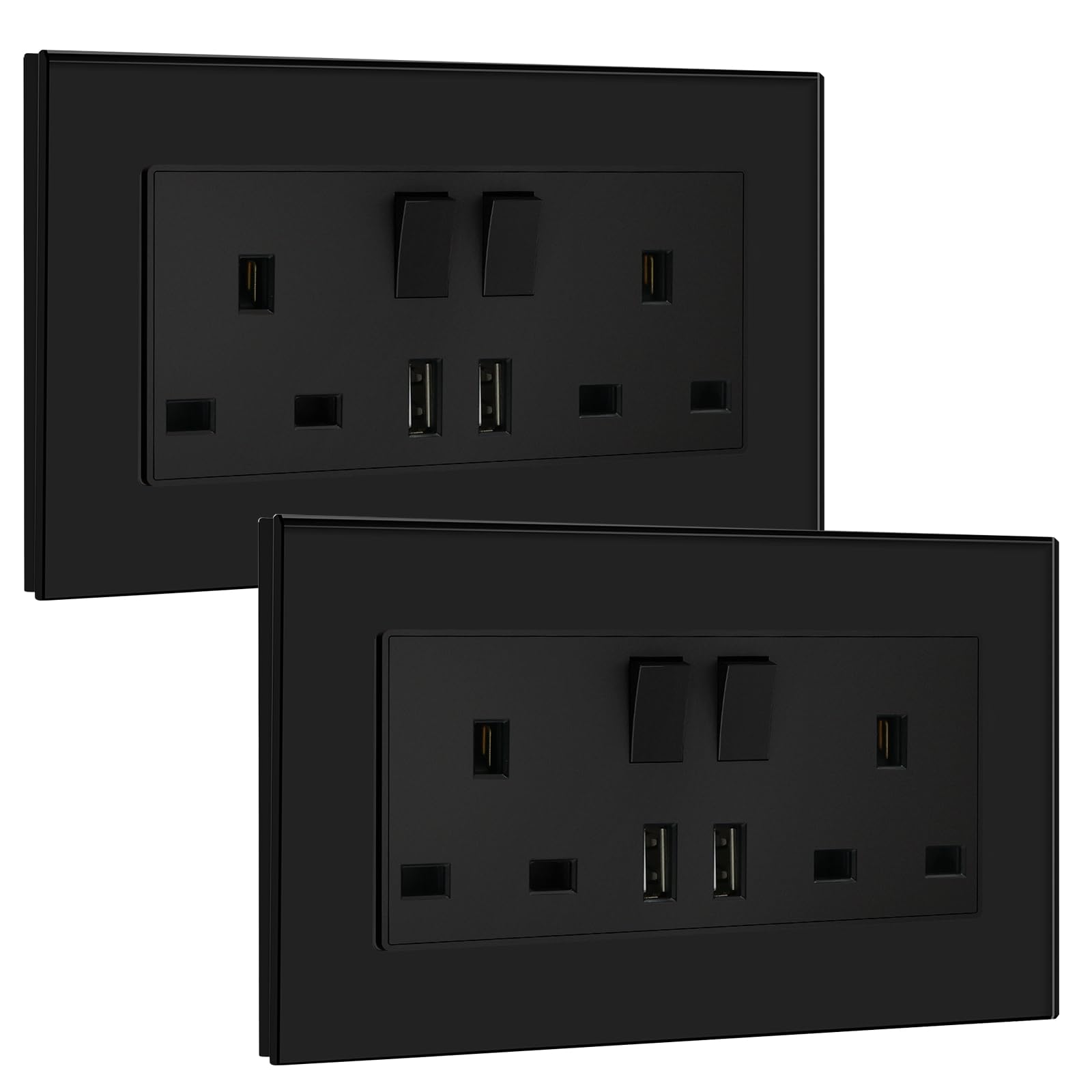 BSEED Double Switched Sockets with Two USB Charging Ports, UK Standard Electric Power Sockets with Glass Panel, 2 Gang 13A Wall Socket,2 Pack，Black