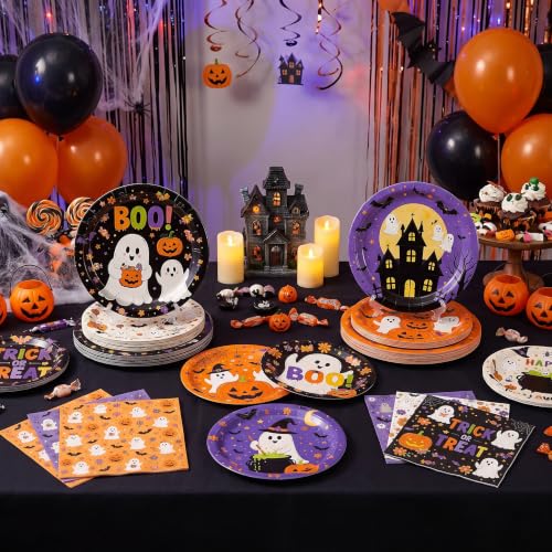Image of LINHAXM 60 PCS Halloween Plates and Napkins Set, Halloween Party Supplies with Ghost Pumpkin Bat Plates and Napkins for Halloween Birthday Party Decorations
