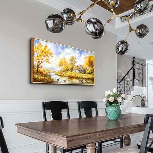 ERQINHUA Canvas Wall Art For Living Room Farmhouse Dining Room Home Wall Decor For Bedroom Office Wall Decoration Yellow Pastoral Creek Landscape Painting Wood Frame Prints Pictures Artwork 20"x40"
