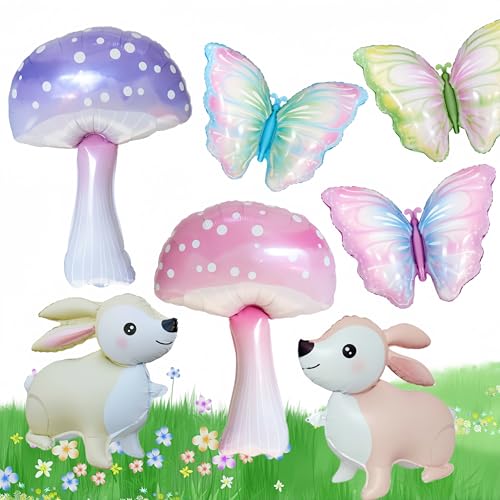 7Pcs Mushroom Balloons Butterfly Rabbit/Fairy Birthday Party/Forest Plant Theme Decorations/Alice in Wonderland Balloons/Wonderland Fairytale Party Supplies/Spring Holiday Picnic Decor/Fairy
