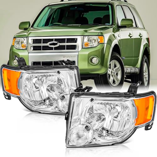 SAFAUTOPARTS Headlights Assembly Pair for 2008 2009 2010 2011 2012 Ford Escape XLS/XLT/Limited Head Lamps Replacement Driver and Passenger Side Chrome Housing Amber Reflector