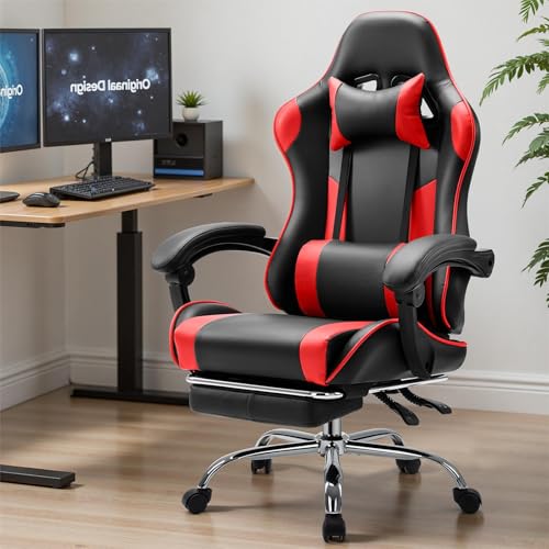 Sweetcrispy Computer Video Game Desk Chair - Ergonomic Comfy Lumbar Support with Footrest, PU Leather Recliner with Headrest, Fixed Up Armrest, Height Adjustable and 360° Swivel, for Adults, Red