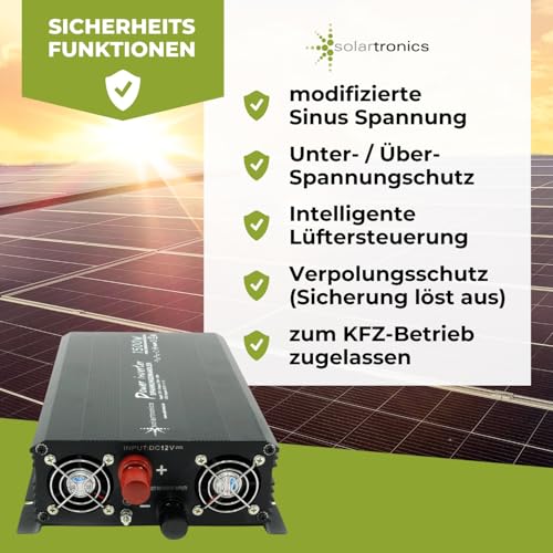SOLARTRONICS Spannungswandler NM1500 12V 1500 Watt SCHWARZ - 3000 Watt Spitzenleistung - Wechselrichter 12v auf 230v - Blei- oder AGM-Batterie kompatibel - mit Schuko- & USB Anschluss