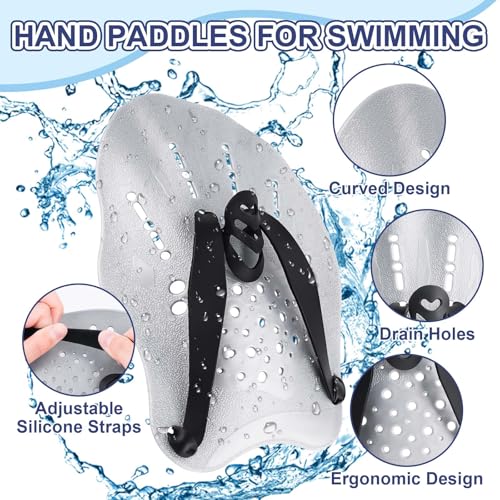 WuGU Hand Paddles Schwimmen, Einstellbar Schwimmpaddel, Schwimmhilfe Erwachsene Kinder, Schwimmtrainingsgerät Handpaddel zum Schwimmen Pool-Übungsgeräte Zubehör, Unisex(Silber)