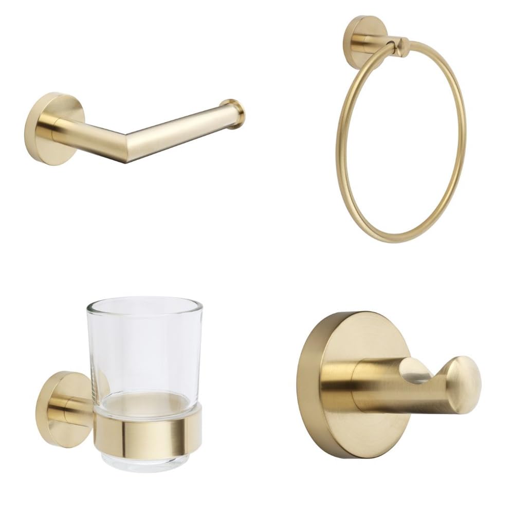 Milano Ayanna Bathroom Accessory Set Towel Ring Robe Hook Toilet Roll Holder Tumbler - Brushed Brass