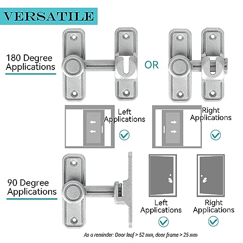 WANLIAN 90 Degree Barn Door Lock Zinc Alloy Heavy Duty Sliding Door Lock for 180 Degree, Silver - Image 3