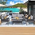 HCIOAN 4-Piece Rope Patio Furniture Set, Outdoor Furniture with Tempered Glass Table, Patio Conversation Set Deep Seating with Thick Cushion for Backyard Porch Balcony (Grey)