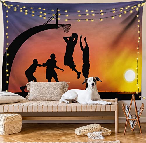 Ambesonne Teen Room Tapestry, Boys Playing Basketball At Sunset Horizon Sky Dramatic Scenery, Wide Wall Hanging For Bedroom Living Room Dorm, 60" X 40", Dark Coral Black Yellow #TOP5