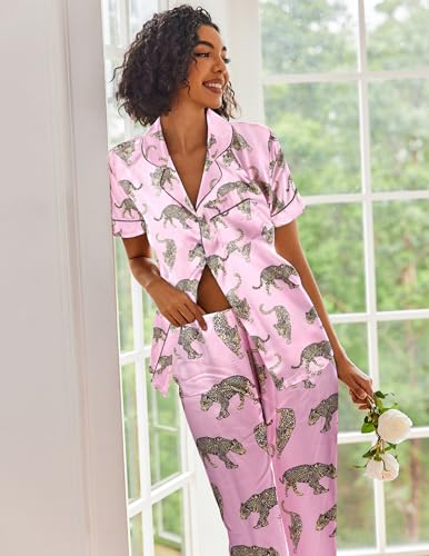 Image of Ekouaer Silk Satin Pajamas Set Floral Print Button Down Pjs Soft Loungewear Pink Leopard Print XX-Large