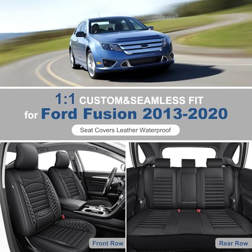 Image of Custom for Ford Fusion Seat Covers SE /Titanium /S /SEL /Sport /Platinum 2013 2014 2015 2016 2017 2018 2019 2020 Car Seat Covers Full Set Faux Leather Car Seat Cushion Protector (Black, 5 Seats)